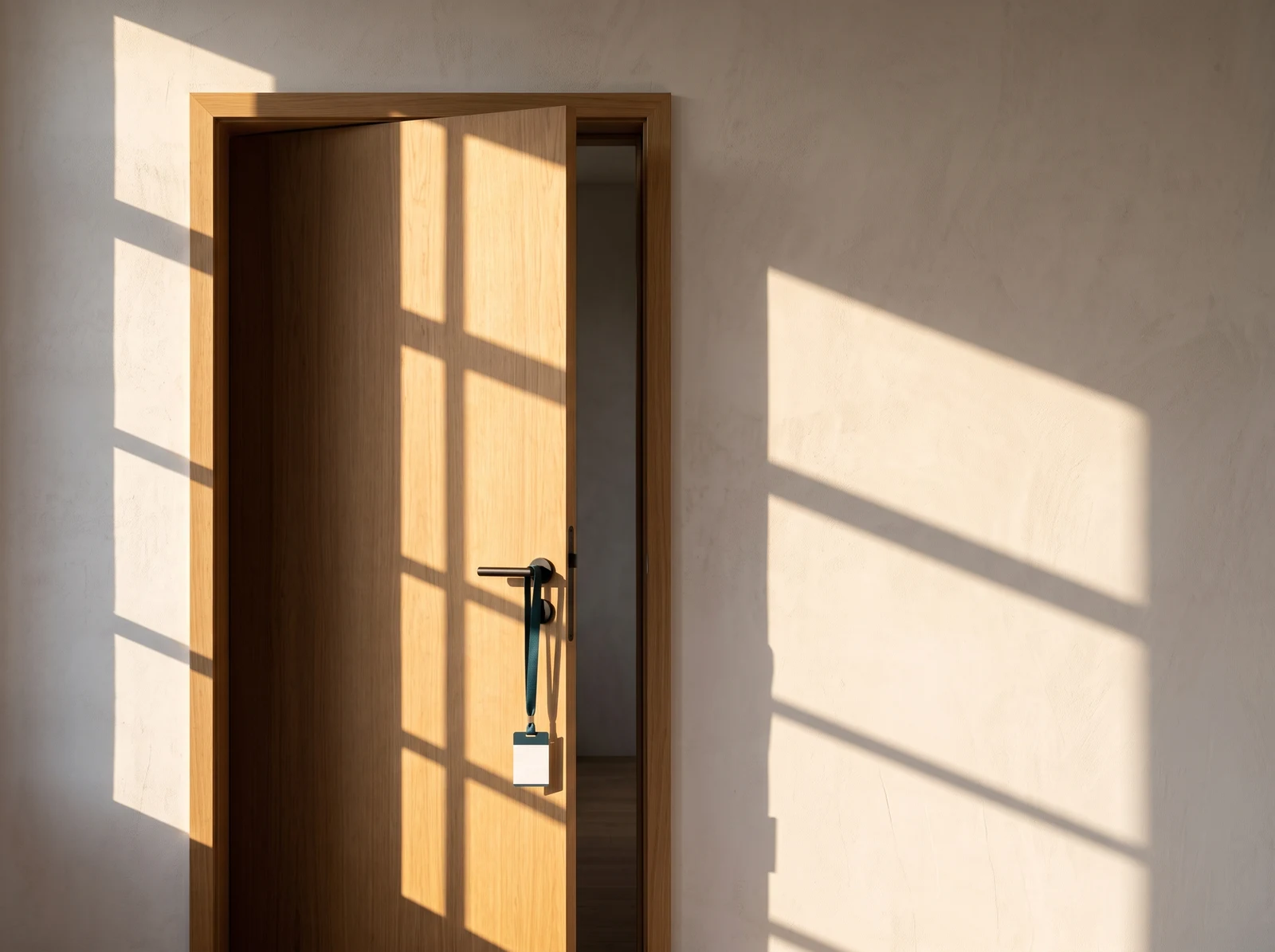 An office door left ajar with a visitor badge on the handle