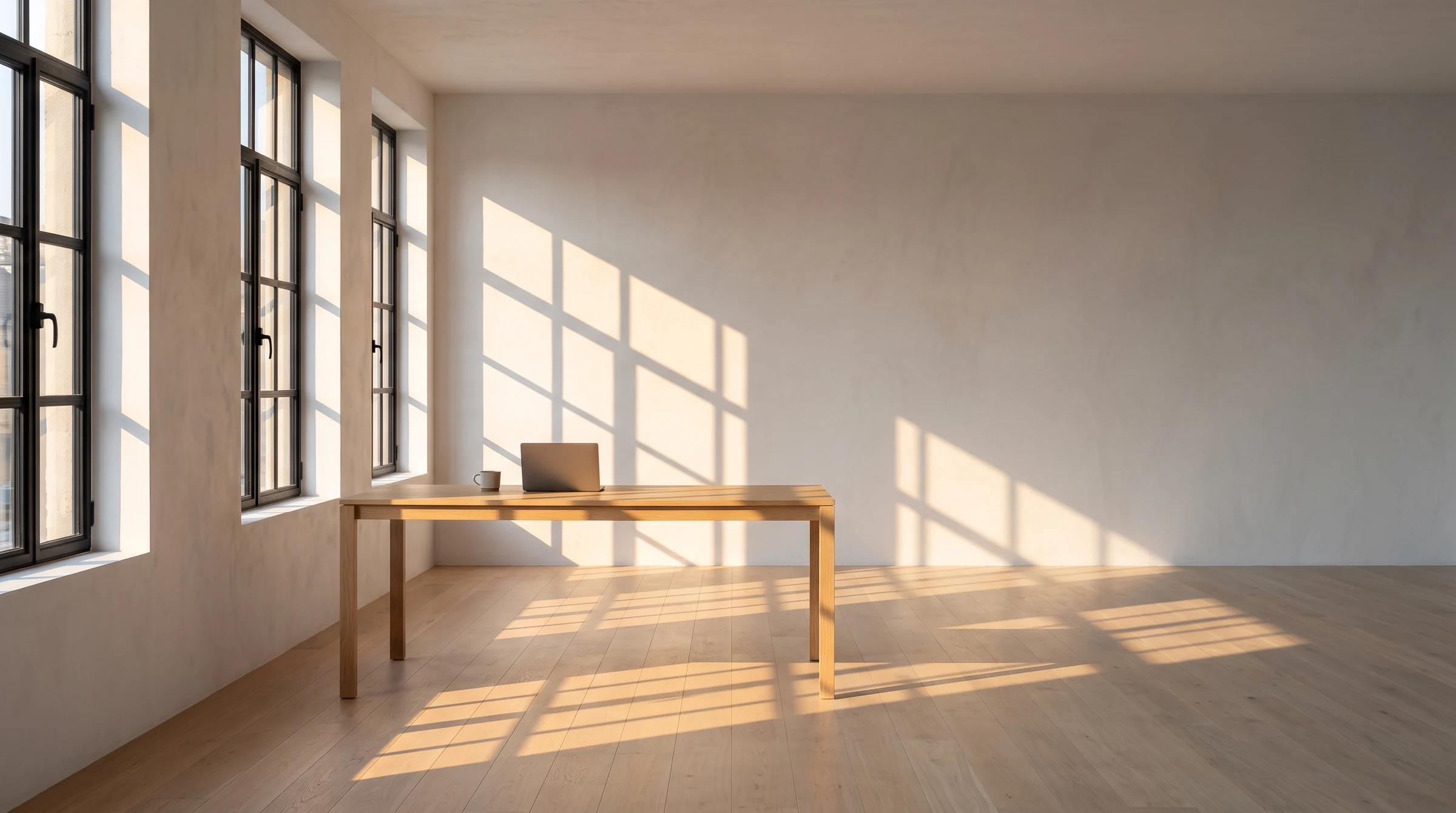 An empty office at half past eight, with long window shadows across the floor and the wall